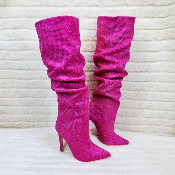 Radiant Fuchsia Pink Rhinestone High Heel Slouch Knee High Boots - Picture 6 of 11